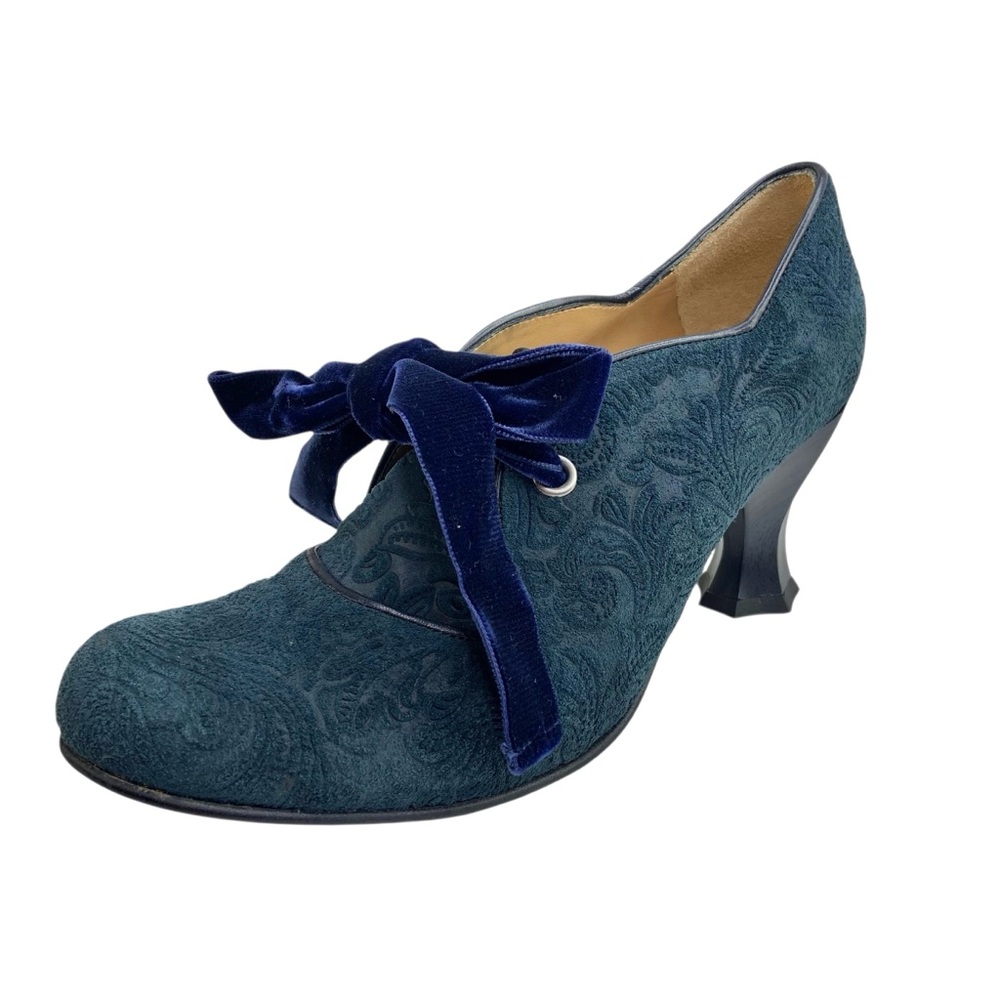 John Fluevog Teal Paisley Velvet Lace-Up Heels with Navy Bow
